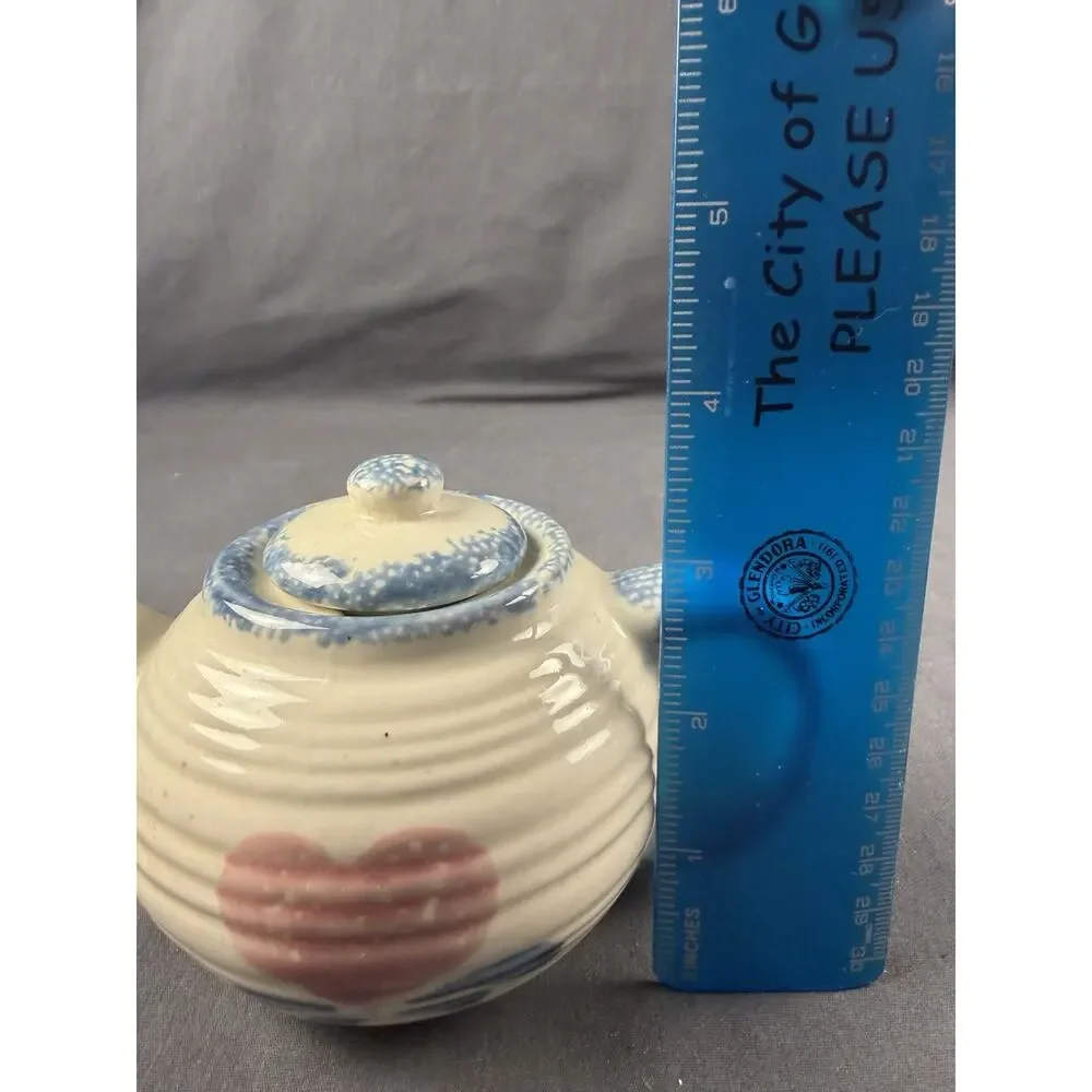 Vintage Hermitage Pottery Stoneware Spongeware Heart Design Small Teapot Cottage